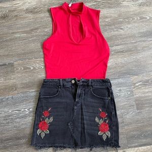 Black PacSun Denim Skirt with Floral Detail